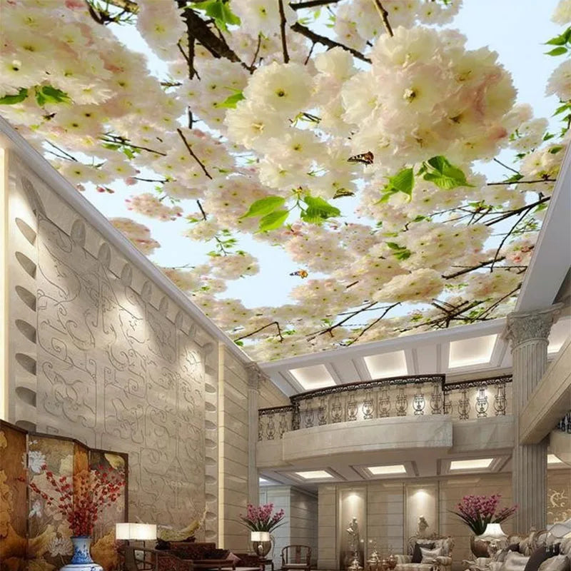 Custom Architectural 3D White Floral Ceiling Fresco – Non-Woven Wall & Ceiling Mural for Hotels & Residences