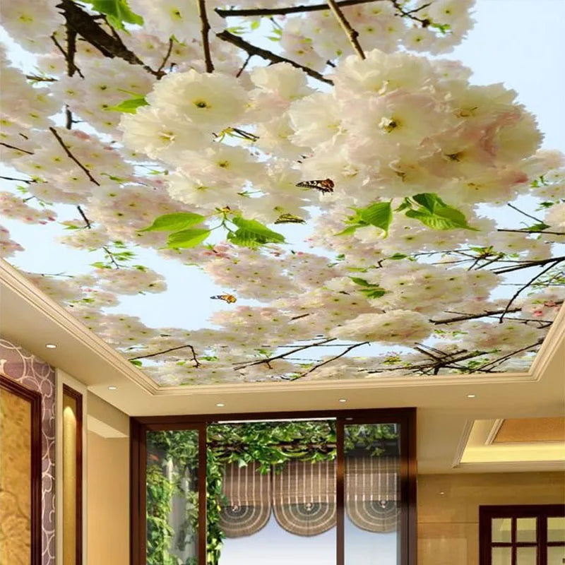 Custom Architectural 3D White Floral Ceiling Fresco – Non-Woven Wall & Ceiling Mural for Hotels & Residences